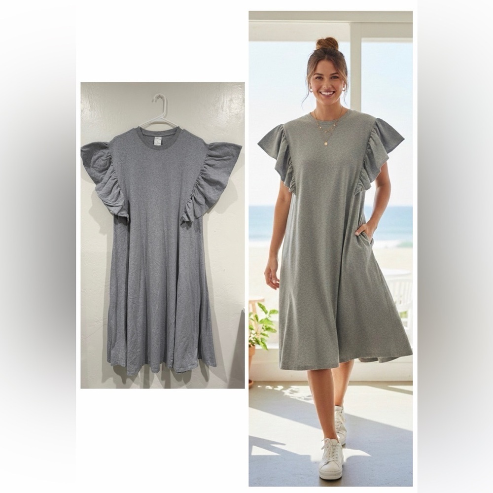 Kowtow Gray Organic Cotton Relaxed Fit Jersey A-line Ruffle Sleeves Dress size S